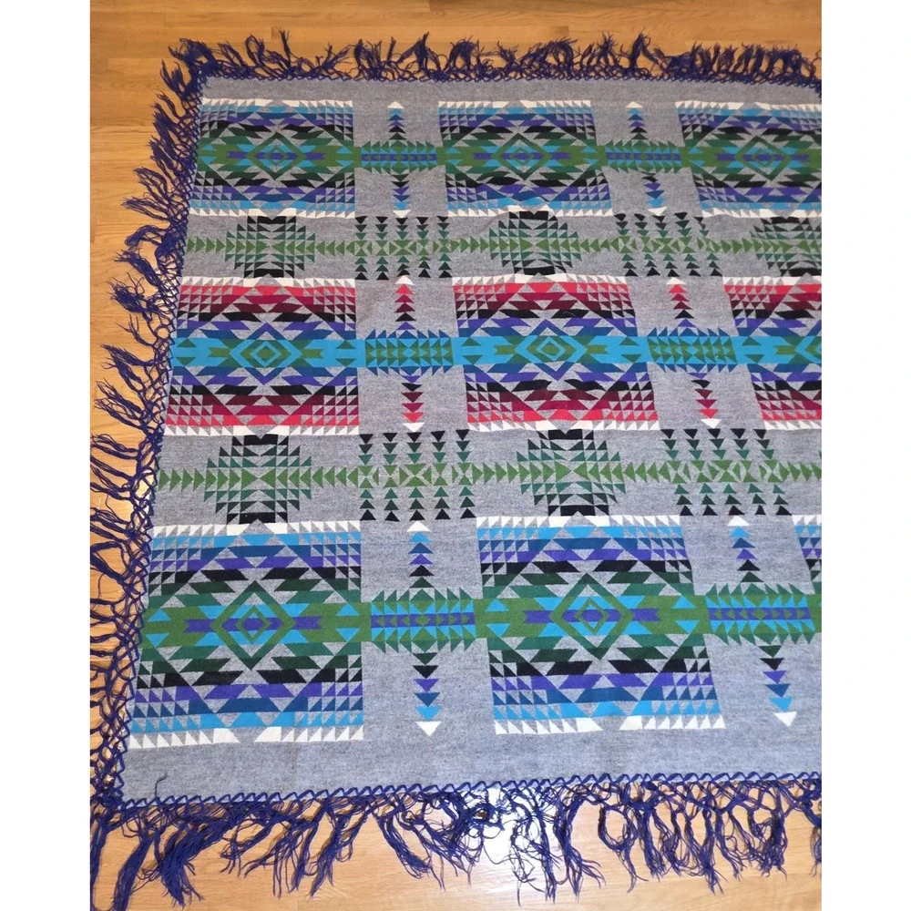 Pendleton Vtg Beaver State Wool Shawl Blanket 62in Geometric Fringe USA Western